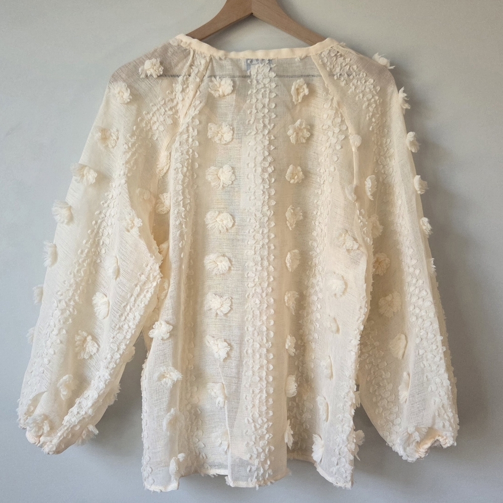 Calypso St Barth Cream Textured Sheer Tassel Tie Blouse Womens Size Medium - Picture 3 of 8